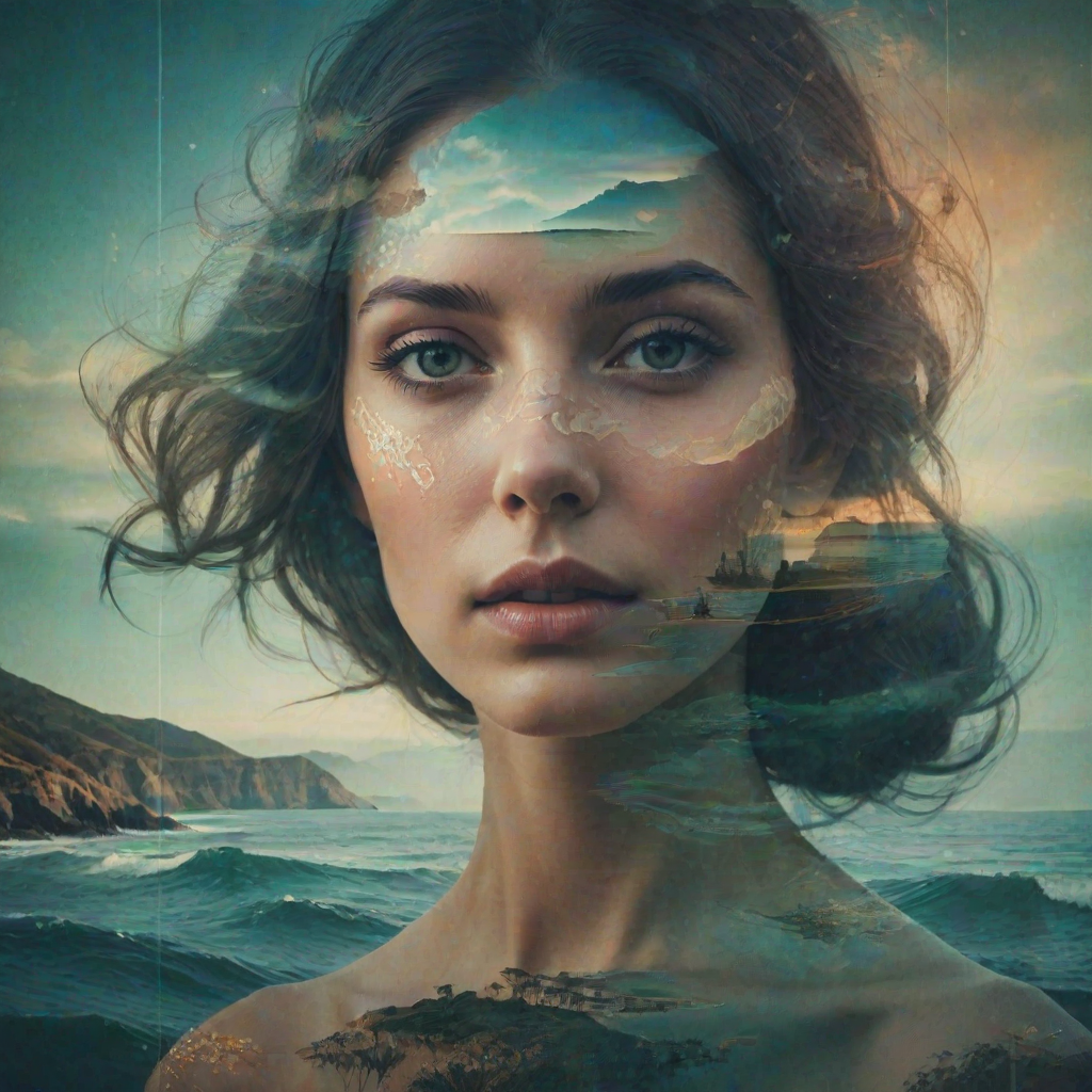 this image is Book cover, A surreal double exposure portrait that blends a woman's face with a beautiful seascape. The overall mood is dreamy and mystical, with rich colors and intricate details