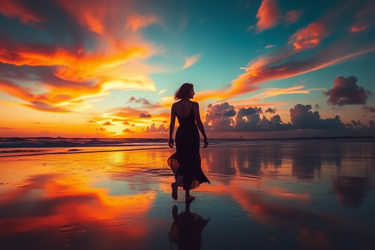 silhouette of a woman in a flowing dress walking along a beach at sunset with vibrant colors in the sky and reflections on the wet sand, taken with a DSLR camera at f/2.8, ISO 100, 1/200s, 24mm wide-angle lens, golden hour lighting, low-angle view