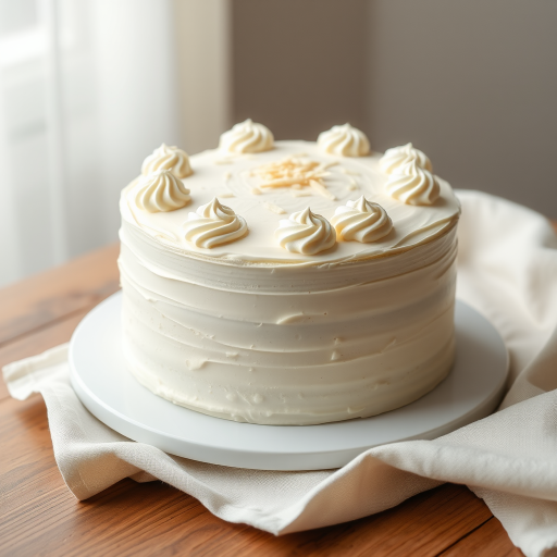 Create an image of a round white cake with smooth icing and decorative swirls on the top and bottom edges set on a white plate on a wooden table with a soft cloth beside it. The cake should have a textured finish on the sides and be topped with small white chocolate shavings. The background should be softly blurred to emphasize the cake.
