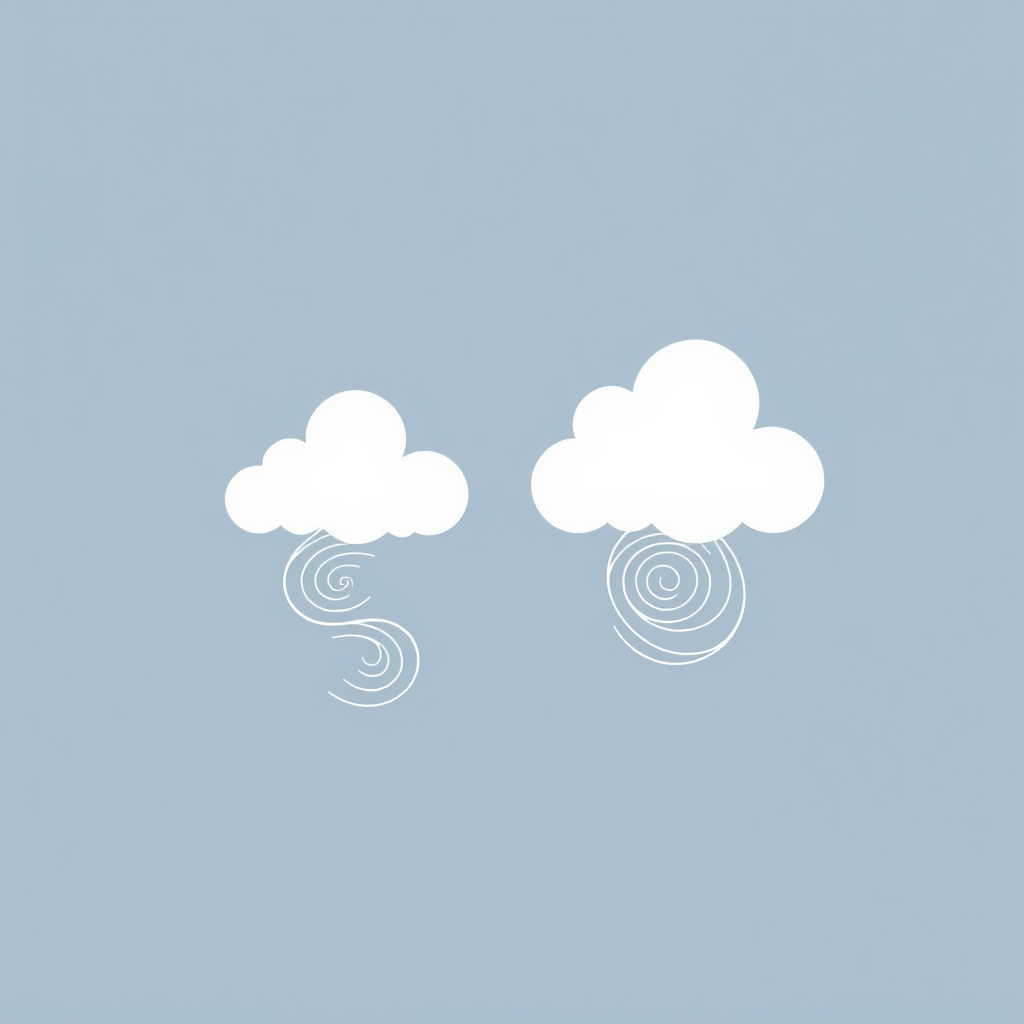 Create a high-resolution image of two stylized clouds with swirling lines beneath them, using a DSLR camera with a 50mm lens, aperture set to f/4, ISO 100, in soft natural light, top-down view, and minimalistic vector style.