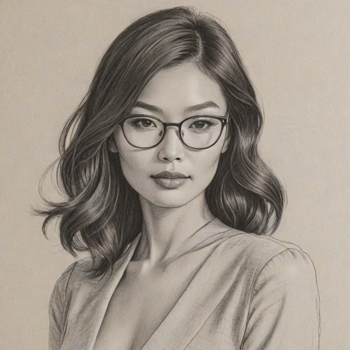 Sublime Gemma Chan, pencil sketch, portrait of Ravishing woman 1947s in glasses, hair style beatnik, outline, clear lines, fine lines, 8k