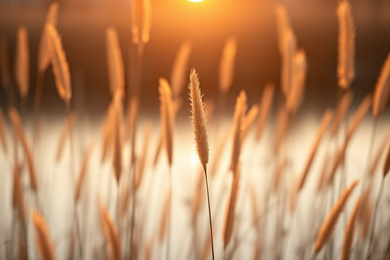Regenerate an image of tall grasses by a calm water body during golden hour, focus on the delicate texture of the grass with shallow depth of field, use a DSLR camera with a 50mm f/1.8 lens, aperture set to f/2.8, ISO 100, shutter speed 1/200s, and ensure a soft bokeh effect in the background.