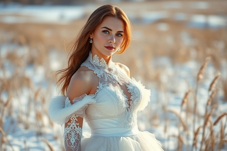 Regenerate a fashion portrait of a woman in an elaborate white dress, standing in a snowy field with tall grass, captured with a Canon EOS R5, 85mm f/1.2 lens, aperture f/2.8, shutter speed 1/250s, ISO 100, natural lighting, shallow depth of field, soft focus background for artistic effect.