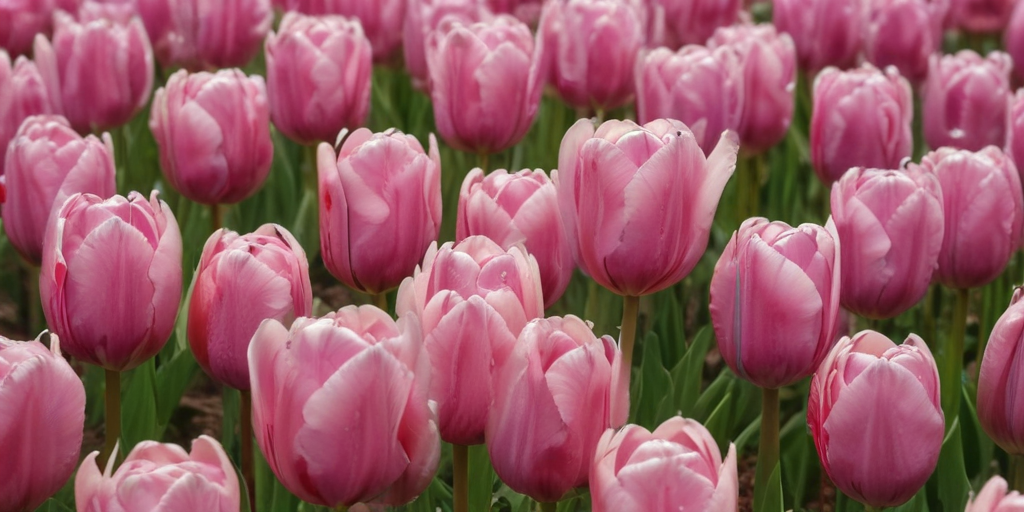A Vibrant Field of Pink Tulips Blooming Under Bright Spring Sunshine.