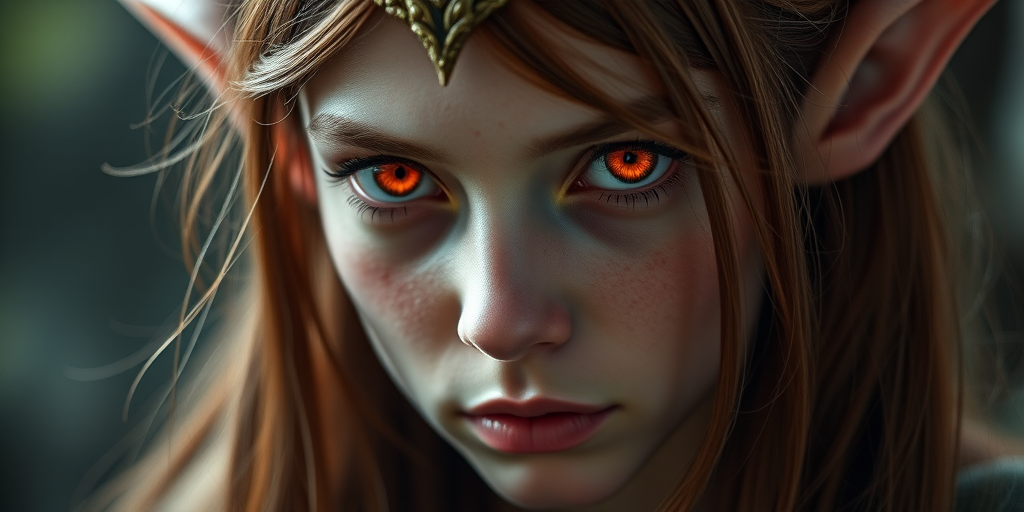 Create a highly detailed portrait of a fantasy elf character with long brown hair and striking orange eyes, using a Canon EOS R5 camera with a 85mm f/1.2 lens, aperture set to f/1.2, ISO 100, and a soft studio lighting setup for enhanced texture and depth, shot in a shallow depth of field for a cinematic feel.
