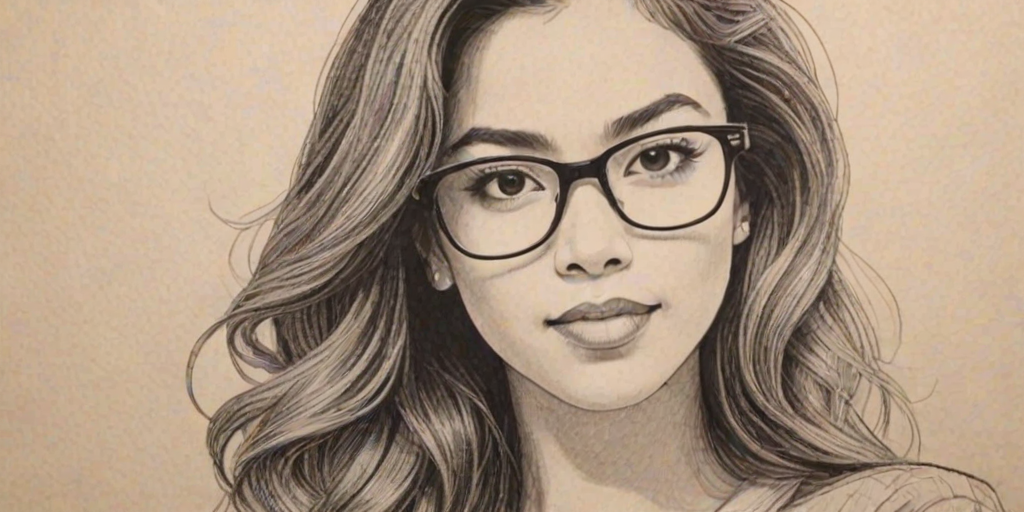 Charming Ashley Argota, pencil sketch, portrait of Dazzling woman 1936s in glasses, hair style beatnik, outline, clear lines, fine lines, 8k