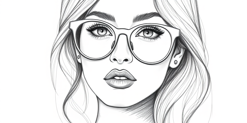 hot mia khalifa, pencil sketch, portrait of beautiful woman 60s in glasses, hair style beatnik, outline, clear lines, fine lines, 8k