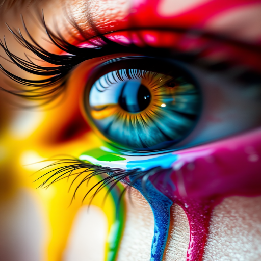 An eye with a vibrant rainbow splash of paint, colorful drips flowing down, macro shot, f/2.8 aperture, 50mm lens, ISO 100, natural light, high dynamic range, focus on the eye details.