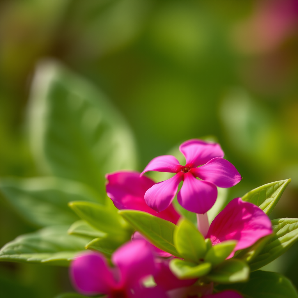 close-up of a vibrant pink flower surrounded by green leaves, shallow depth of field, natural light, ISO 100, aperture f/2.8, shutter speed 1/200s, macro lens, DSLR camera with a soft focus background