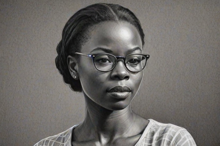 Splendid Danai Gurira, pencil sketch, portrait of Superb woman 1950s in glasses, hair style beatnik, outline, clear lines, fine lines, 8k