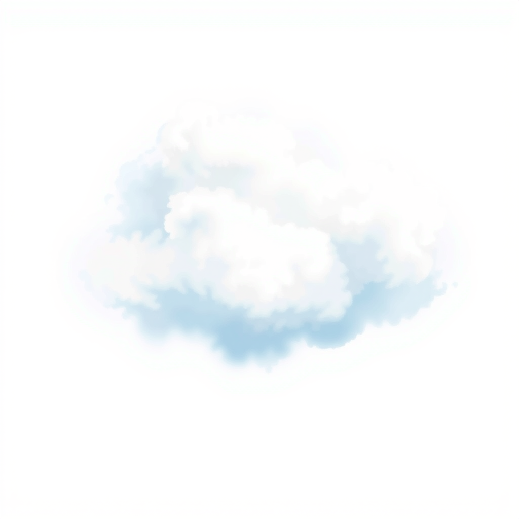 Create a fluffy white cloud illustration with a soft blue outline, use a DSLR camera with a 50mm lens, aperture set to f/8, ISO 100, natural light, and a slight vignette effect for enhanced depth.