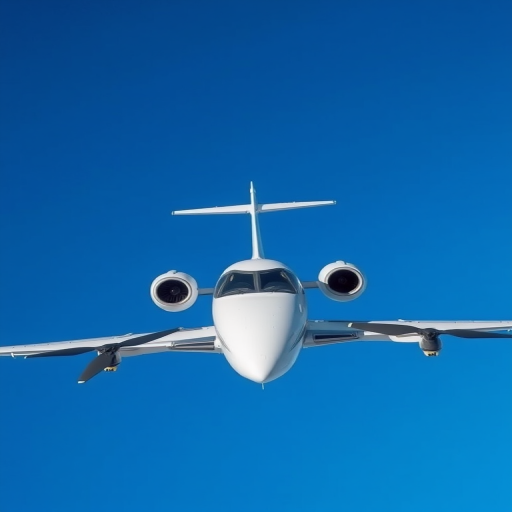 Create a high-resolution image of a private jet flying through a clear blue sky with the camera set to 50mm lens, aperture f/8, shutter speed 1/1000s, using a drone for an aerial view to enhance details and clarity.