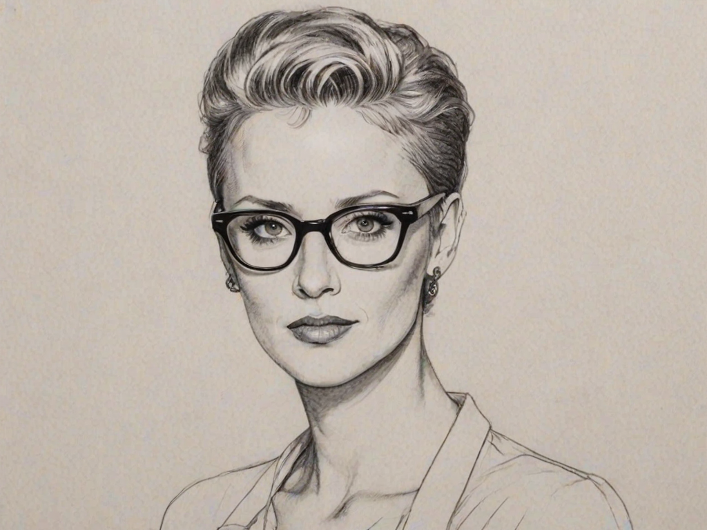 Pleasing Lori Petty, pencil sketch, portrait of Enticing woman 1967s in glasses, hair style beatnik, outline, clear lines, fine lines, 8k