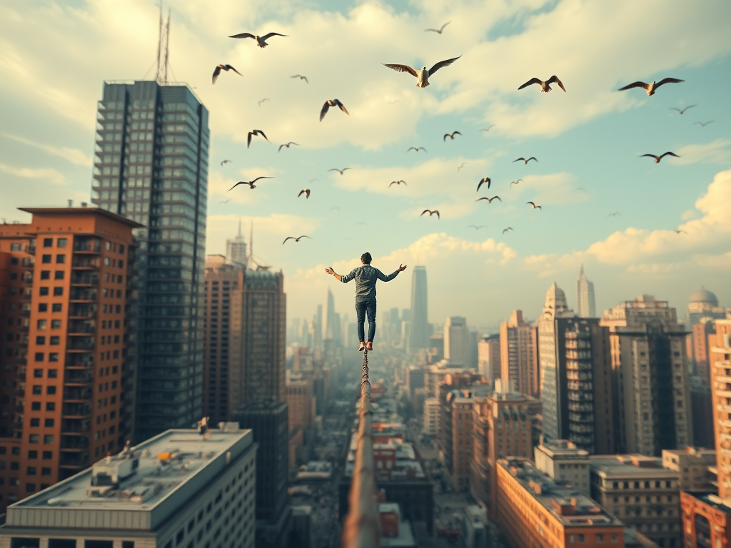 Create an ethereal image of a person balancing on a tightrope amidst a surreal cityscape, with birds flying overhead, using a DSLR camera at f/2.8, ISO 100, and 1/200s shutter speed, shot in portrait mode with a soft focus style to enhance depth and contrast.