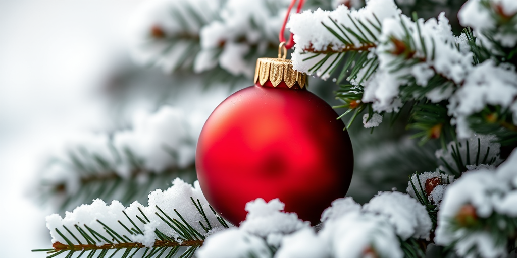 A close-up shot of a red Christmas ornament nestled in fresh snow-covered evergreen branches, using a Canon EOS 5D Mark IV, f/4 aperture, 1/125 sec shutter speed, ISO 100, with a shallow depth of field to create a soft background blur.