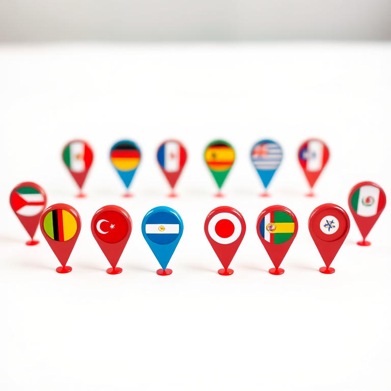 Create a high-resolution image of colorful location markers with country flags inside them arranged in two rows of seven markers each on a clean white background, using a DSLR camera with a focal length of 50mm, aperture set to f/2.8, ISO 100, soft natural lighting, and a slightly blurred background for focus enhancement.