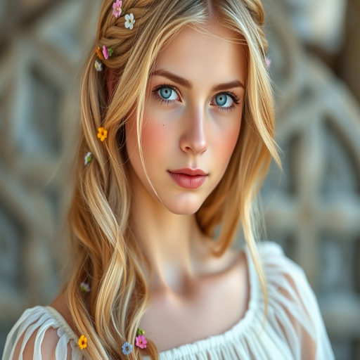 Create an image of a young Chaldean woman with long, wavy blonde hair, adorned with small, colorful flowers woven into her braids and loose strands. Her complexion is fair, with soft, glowing skin, and she has light blue eyes that gaze softly at the viewer. She wears a light, flowing dress with a gentle, ethereal quality, complementing her delicate and serene appearance. The background is slightly blurred, drawing focus to her tranquil expression and the intricate details of the flowers in her hair. The overall mood of the image is one of natural beauty and grace, evoking a sense of peacefulness and connection with nature.