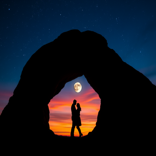 silhouette of a couple embracing under a partially illuminated full moon framed by a natural rock arch at dusk, with a starry sky and vibrant sunset colors, captured with a Canon EOS R5, 50mm lens, f/1.4, ISO 200, 1/60 sec, low-angle view, high dynamic range imaging for enhanced detail and color richness
