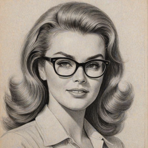Radiant Ann-Margret, pencil sketch, portrait of Pleasing woman 1947s in glasses, hair style beatnik, outline, clear lines, fine lines, 8k
