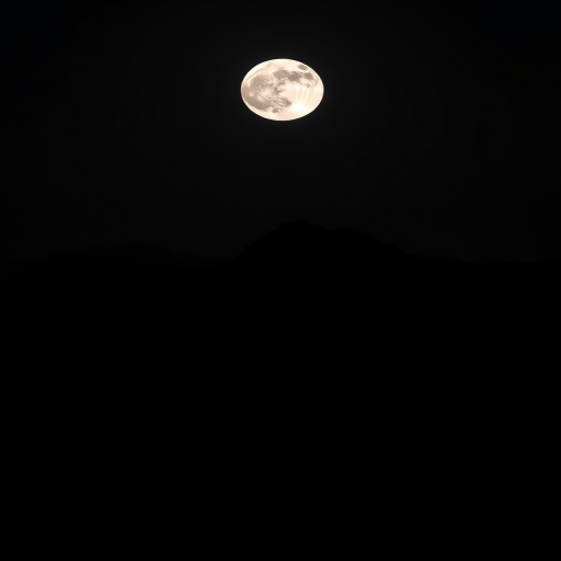 Create a high-contrast silhouette image of a mountain landscape with a dog in the foreground and a large moon in a dark sky, capturing the scene from a low angle using a DSLR camera, 50mm lens, f/2.8 aperture, 1/200 sec shutter speed, and ISO 100 for enhanced image quality.