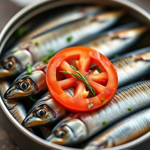 close-up shot of canned sardines arranged neatly in a tin with a slice of tomato and herbs, natural lighting, f/2.8 aperture, 50mm lens, ISO 100, tripod mounted, shallow depth of field, high-resolution DSLR camera