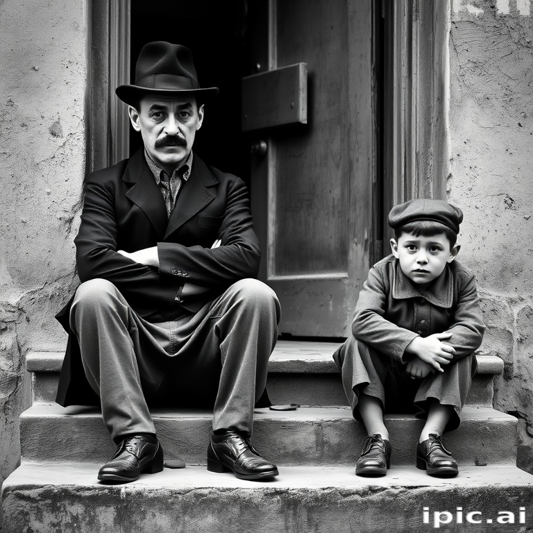 A black-and-white photograph of a man and a child sitting on steps in front of a doorway. The man is dressed as a tramp with a bowler hat, mustache, and ragged clothes, reminiscent of Charlie Chaplin's iconic look. He is sitting with his arms crossed and an expression of slight sadness or frustration. Next to him is a young boy, also in worn clothes and a cap, sitting with his hands clasped, looking thoughtful. The background is an old, textured wall and a partially open door, creating a vintage, early 20th-century atmosphere.