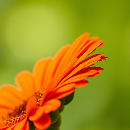 Close-up of a vibrant orange gerbera daisy against a soft green background, f/2.8 aperture, 100mm macro lens, ISO 100, natural light, DSLR camera, shallow depth of field.