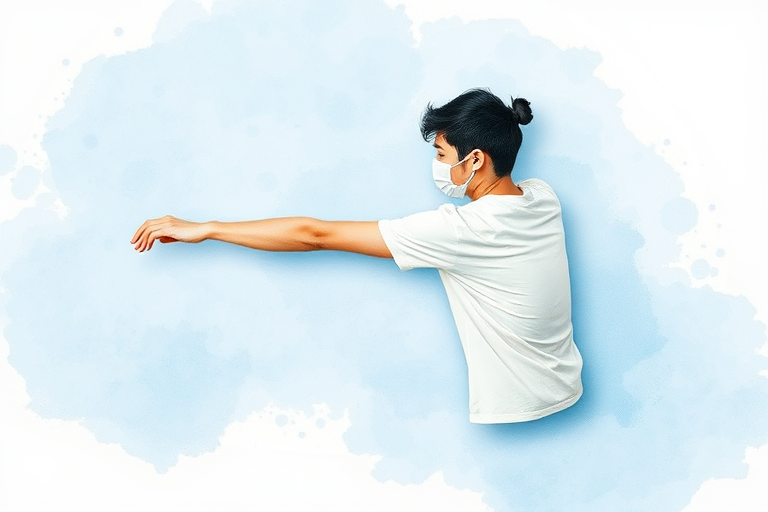 illustration of a person stretching to the side with a light blue watercolor background, captured using a digital camera, 35mm lens, f/4 aperture, ISO 100, soft focus view, flat lay style for clarity and color enhancement