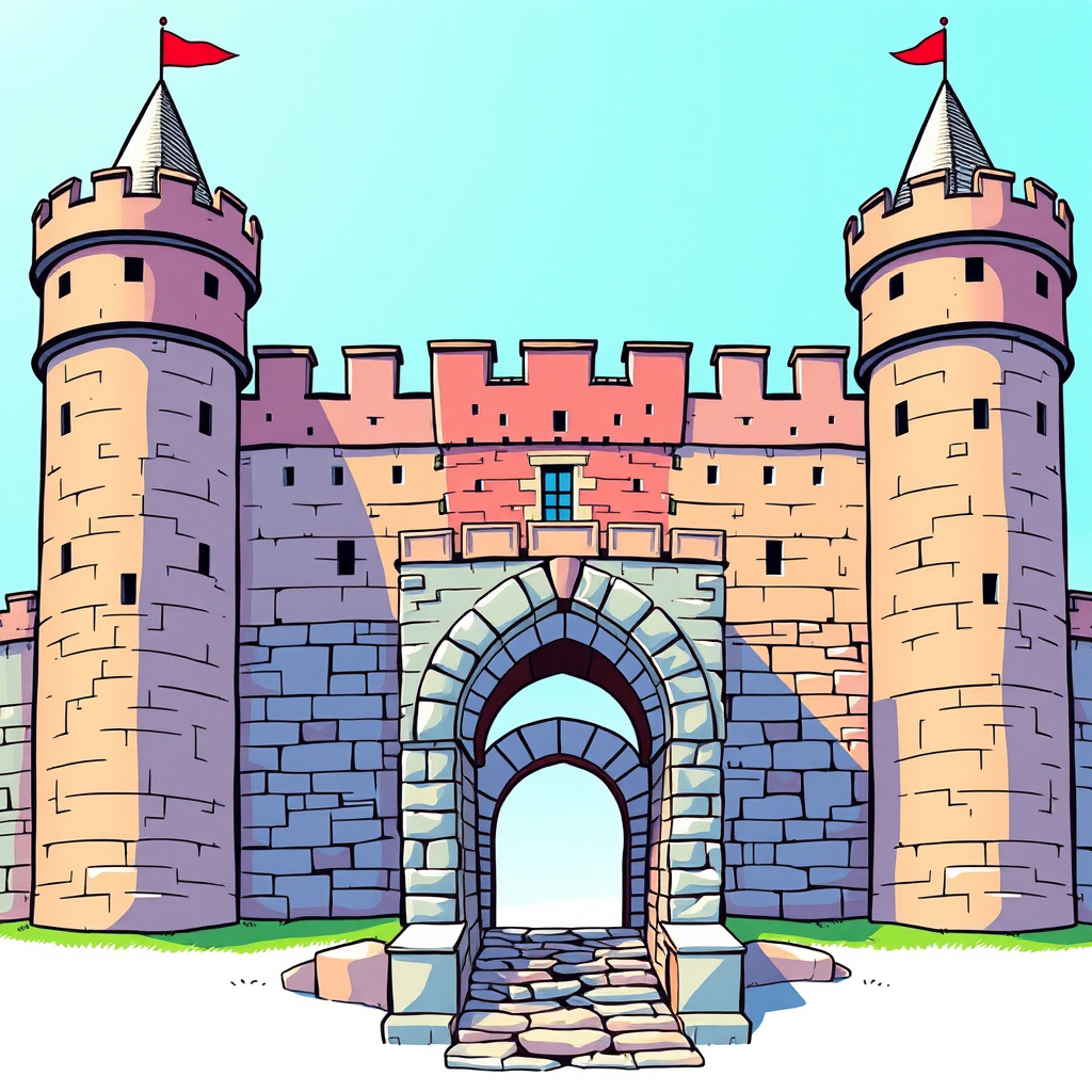 Create a detailed illustration of a medieval castle with three towers and a stone archway, using vibrant colors, sharp lines, and a clear blue sky as the background, taken with a DSLR camera, f/8 aperture, 50mm lens, and natural lighting to emphasize textures and depth.
