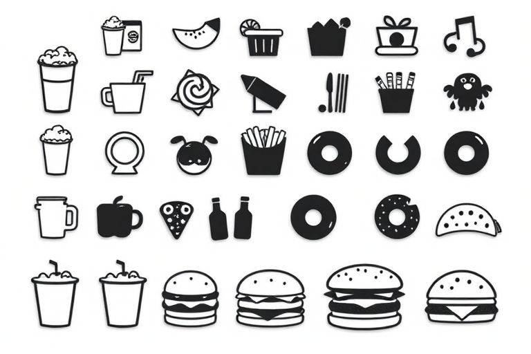 Create a high-resolution image featuring a grid of black icons representing various fast food items like popcorn, drinks, ice cream, fries, donuts, burgers, pizzas, and tacos, with a clean white background, shot with a DSLR camera at f/2.8 aperture, 50mm lens, ISO 100, and a top-down view for optimal clarity and detail.