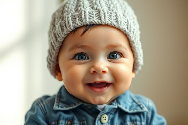Capture a portrait of a baby wearing a stylish knitted hat and denim outfit, with soft natural lighting, focal length of 50mm, aperture set to f/1.8 for a shallow depth of field, shot at eye level using a DSLR camera with a standard view, emphasizing the baby's expressive eyes and joyful expression.