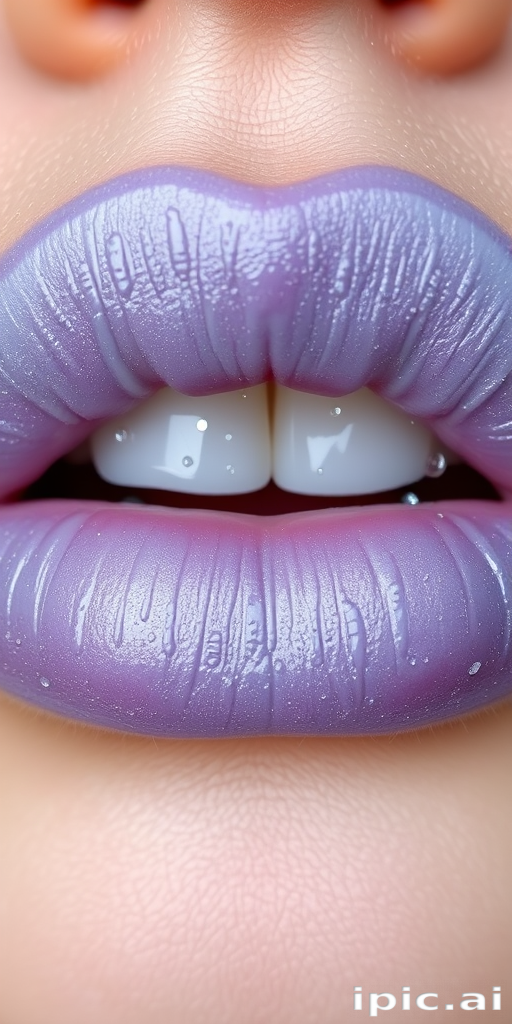 Lavender-gray lips with "Misty Morning" style, showcasing a unique cloud-like texture and delicate silver sparkles, reminiscent of early morning dew