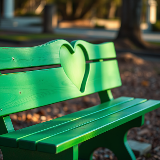 a vibrant green wooden bench with a heart-shaped cutout on the backrest, photographed with a DSLR camera, 50mm lens, f/2.8 aperture, 1/200 sec shutter speed, ISO 100, natural lighting from a soft afternoon sun, shallow depth of field to emphasize the bench and create a blurred background.