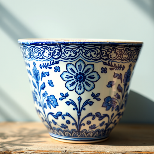 Create a highly detailed illustration of an ornamental blue and white ceramic pot with intricate floral patterns, captured in natural light using a DSLR camera, 50mm lens, f/1.8 aperture, ISO 100, and a shallow depth of field to enhance texture and color vibrancy.