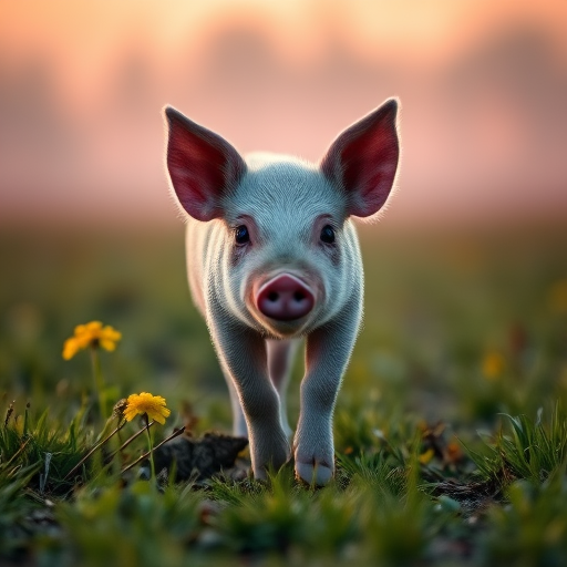 a cute piglet walking through a misty field at dawn, vibrant colors, depth of field, 50mm lens, f/1.8 aperture, ISO 200, low angle view, soft focus background, high dynamic range, natural light, high resolution
