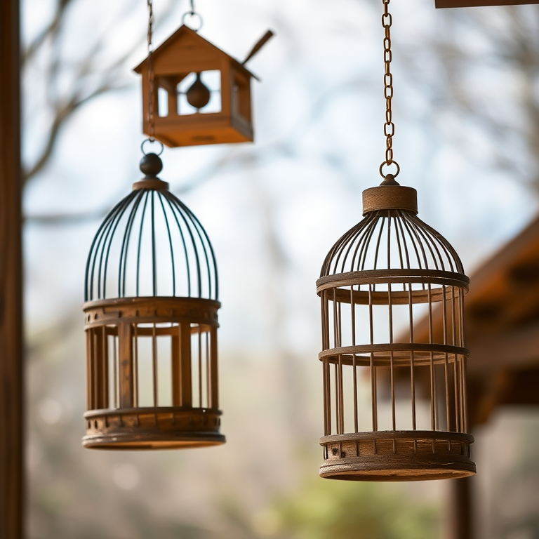 photograph of wooden birdcages hanging outdoors, shallow depth of field, natural light, f/2.8, ISO 100, 1/200 sec, Canon EOS R5, 35mm lens, soft focus background