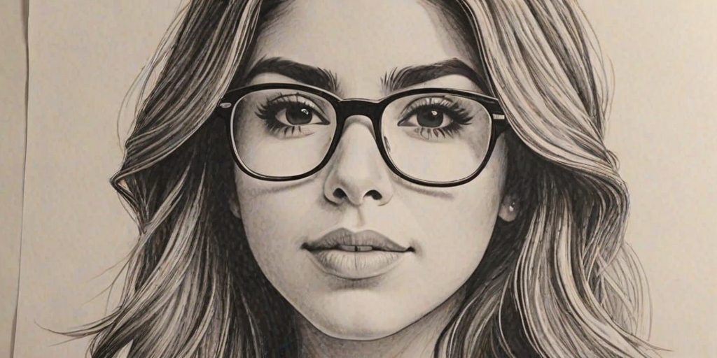 Bewitching Daniella Monet, pencil sketch, portrait of Attractive woman 1975s in glasses, hair style beatnik, outline, clear lines, fine lines, 8k