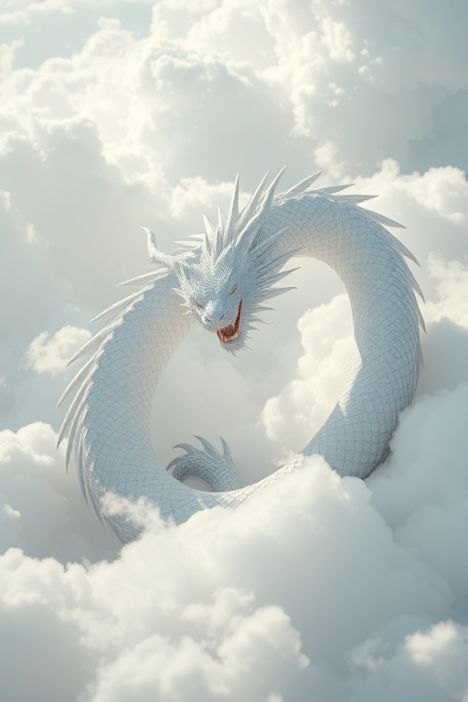 a majestic white dragon coiled in clouds, ethereal and detailed, shot with a Canon EOS R5, 50mm f/1.2 lens, using soft natural light, in a low-angle view, maintaining high dynamic range and rich textures.