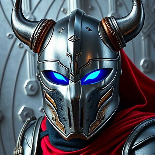 Create a digital artwork of a knight's helmet with bull features and glowing blue eyes, set against a metallic silver background with red accents, taken from a dynamic angle using a DSLR camera with a 50mm lens, aperture f/1.8, ISO 100, and natural lighting to enhance details and vibrancy.