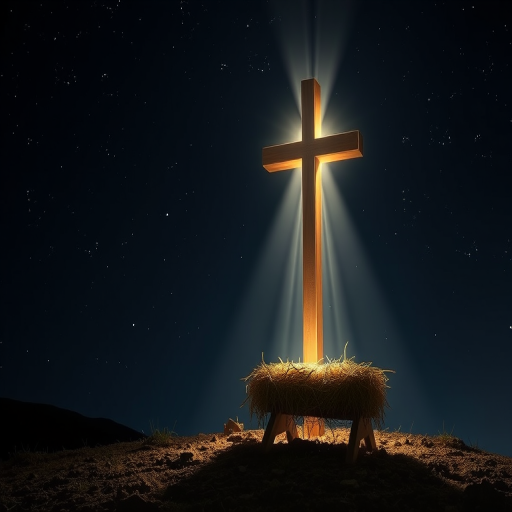 Create an image of a serene night scene featuring a radiant cross shining down from above. The light beams down onto a humble manger filled with hay, set in a dark, starry sky. The atmosphere should convey peace and hope, with soft illumination highlighting the manger below the cross.