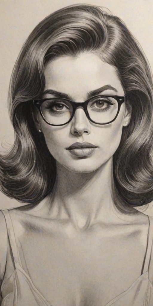 Bewitching Sophia Taylor Ali, pencil sketch, portrait of Exquisite woman 1961s in glasses, hair style beatnik, outline, clear lines, fine lines, 8k