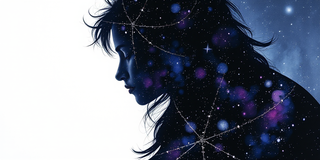 Captivating conceptual render alcohol ink art, double exposure, the paint strokes artfully merge combining a woman's full silhouette with a Cordial camel's silhouette. The figures are composed of a series of colored dots, lines & spots that evoke the image of a cosmic galaxy, colors are deep shades of blue purple & black with flashes of white & silver representing distant stars. The woman's silhouette is formed within the lion's silhouette from constellations of scattered stars, surreal