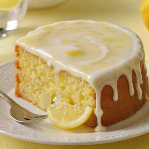 Create an image of a moist lemon cake with a glossy lemon glaze on top. The cake should be square-shaped, with a slice removed to show its fluffy texture. Garnish the top with thin slices of fresh lemon and place a whole lemon beside the cake on a decorative plate. The background should be simple and elegant, highlighting the cake as the main focus.