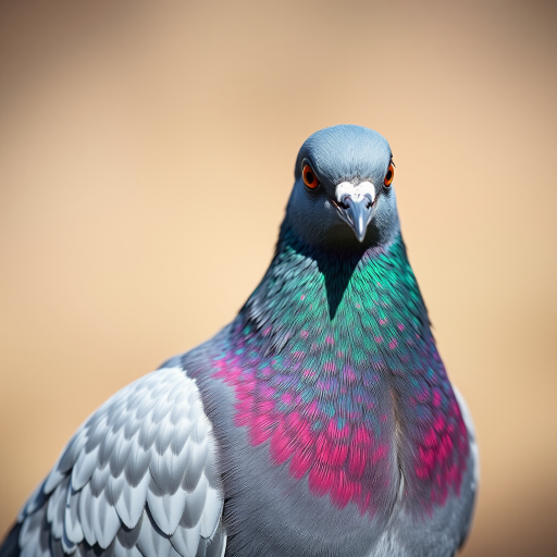 A close-up shot of a vibrant pigeon showcasing its iridescent feathers with a blurred background, shot with a DSLR camera using a 50mm lens at f/1.8, ISO 100, with natural light for enhanced colors and sharpness.