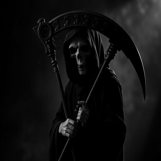 Create a dark, high-contrast black and white portrait of a grim reaper holding a scythe, captured with a 50mm lens at f/1.8, ISO 100, in a dramatic low-light setting with soft focus background to enhance the eerie atmosphere.