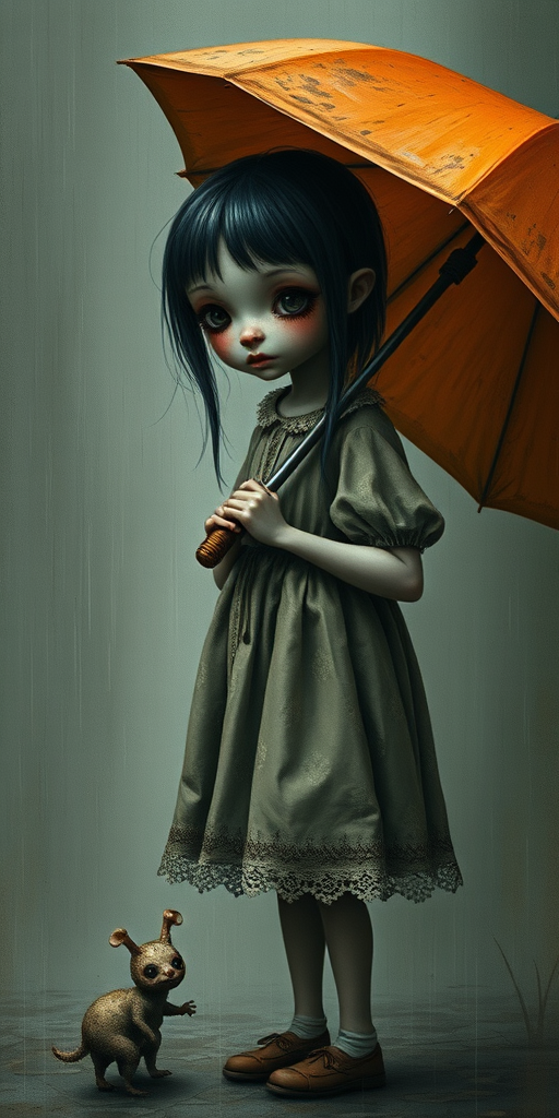An eerie, weird little girl with dark hair in thin pigtails, wearing a smock dress, standing in the rain, holding a dirty orange umbrella, a small, odd creature beside her. In a surreal style inspired by Nicoletta Ceccoli and Brian Froud. Dark fantasy themes