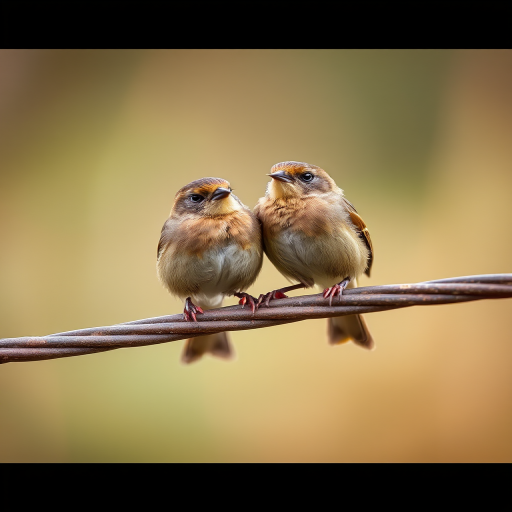 two small brown birds perched on a rustic metal rod with a blurred natural background, shallow depth of field, soft lighting; camera settings: f/2.8, ISO 100, shutter speed 1/200s; camera view: eye-level, camera style: macro photography, camera type: DSLR