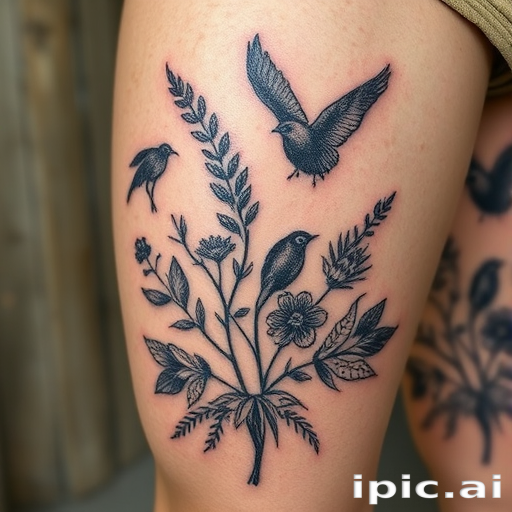 Rustic woodcut-inspired tattoo named "Nature's Wisdom" featuring detailed illustrations of native flora and fauna with a weathered, engraved appearance, symbolizing a connection to the natural world on the thigh