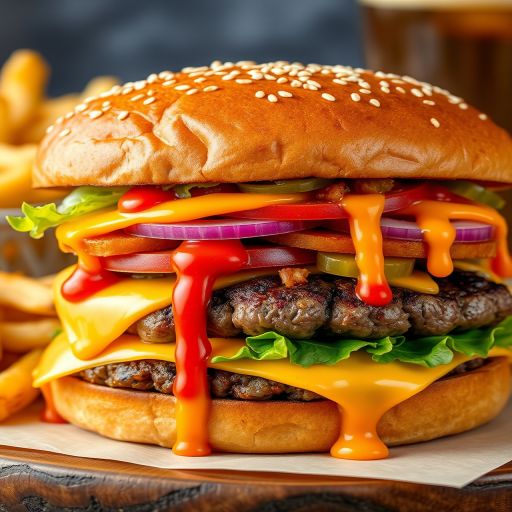 High-resolution, close-up image of a gourmet double cheeseburger. The burger features a glossy, sesame-seed-topped brioche bun. Inside, there are two thick, juicy beef patties, each topped with melted cheddar cheese. The burger is garnished with fresh lettuce, tomato slices, diced onions, and pickles. A generous amount of ketchup and a creamy, orange-colored sauce is dripping down the sides, adding to the mouth-watering appeal. In the background, there are blurred elements including a side of golden French fries and a hint of a beverage, enhancing the overall presentation of a delicious meal.