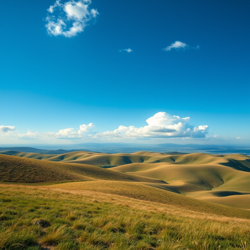 Create a high-resolution image of a serene landscape featuring rolling hills under a clear blue sky with fluffy clouds, captured with a Canon EOS R5 camera, 24mm f/1.4 lens, aperture set to f/8, ISO 100, and a shutter speed of 1/250s for vibrant colors and sharp details.